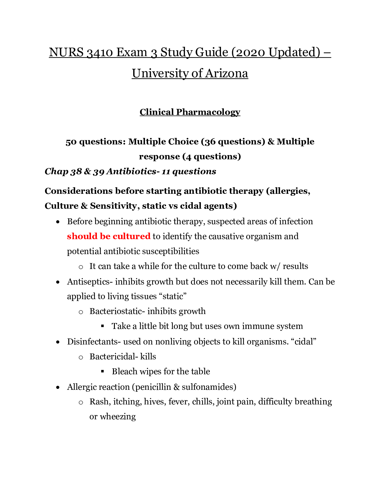 Preview of NURS 3410 Exam 3 Study Guide (2020 Updated) – University of Arizona | Clinical Pharmacolog